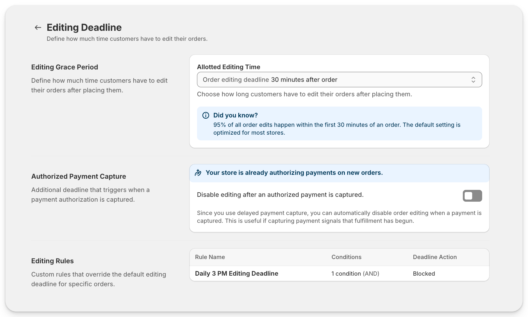 Editing Deadline page showing editing grace period, authorized payment capture, and editing rules settings.