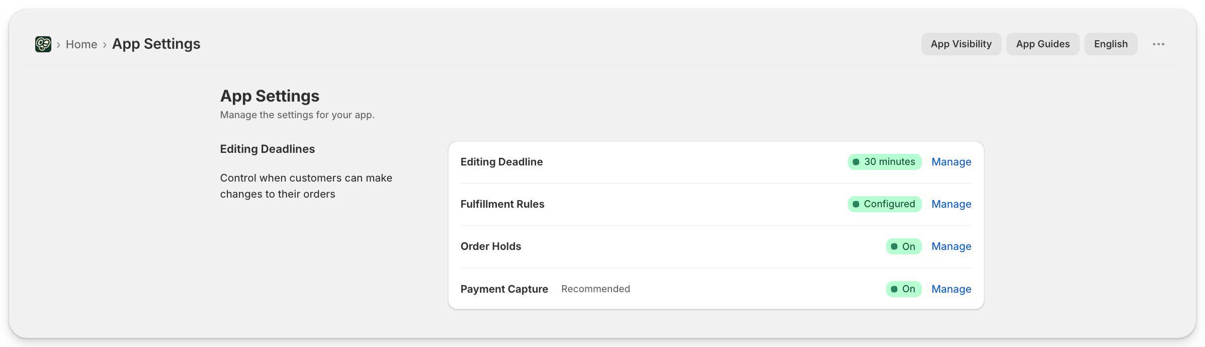 App Settings page showing the Editing Deadlines settings card.
