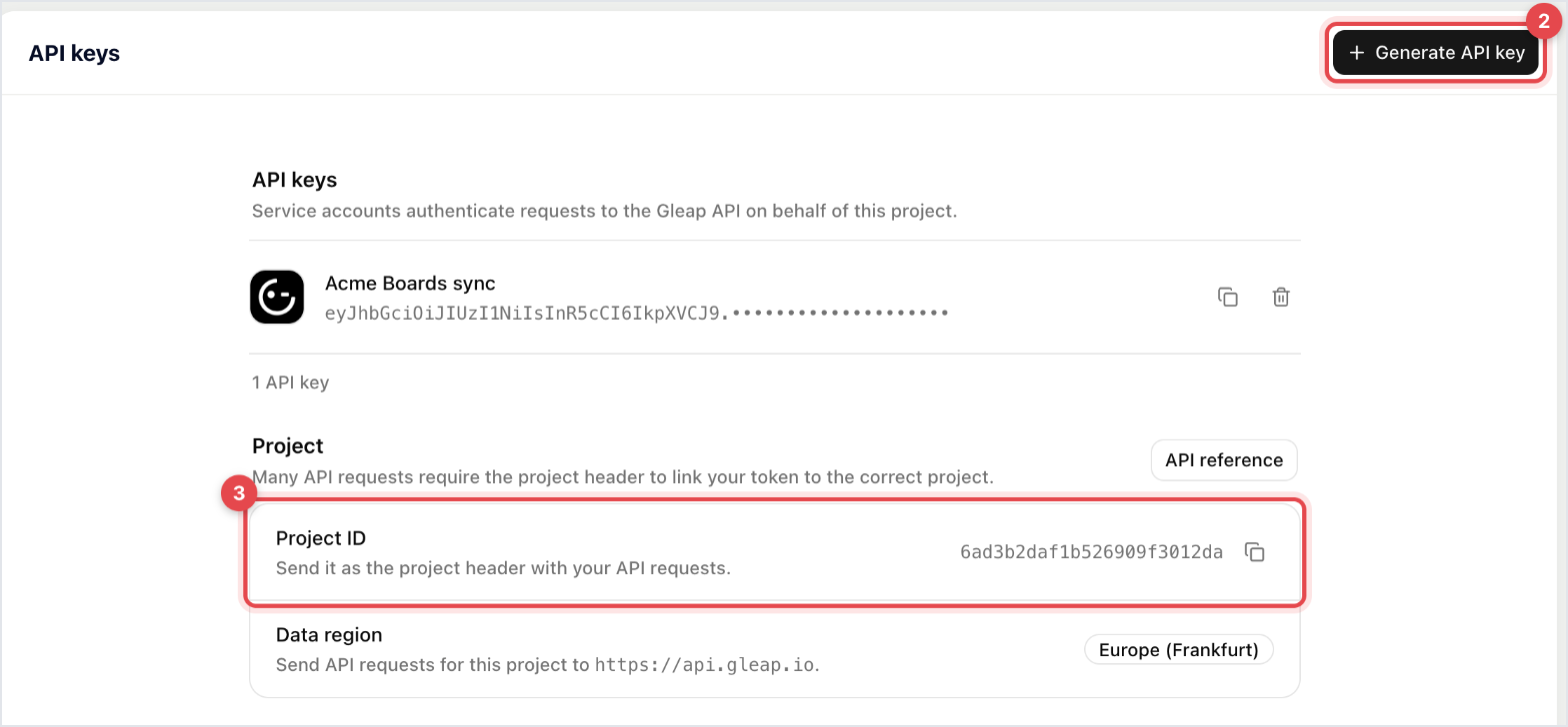 API keys page with one service account key and the Project section showing the project ID and data region