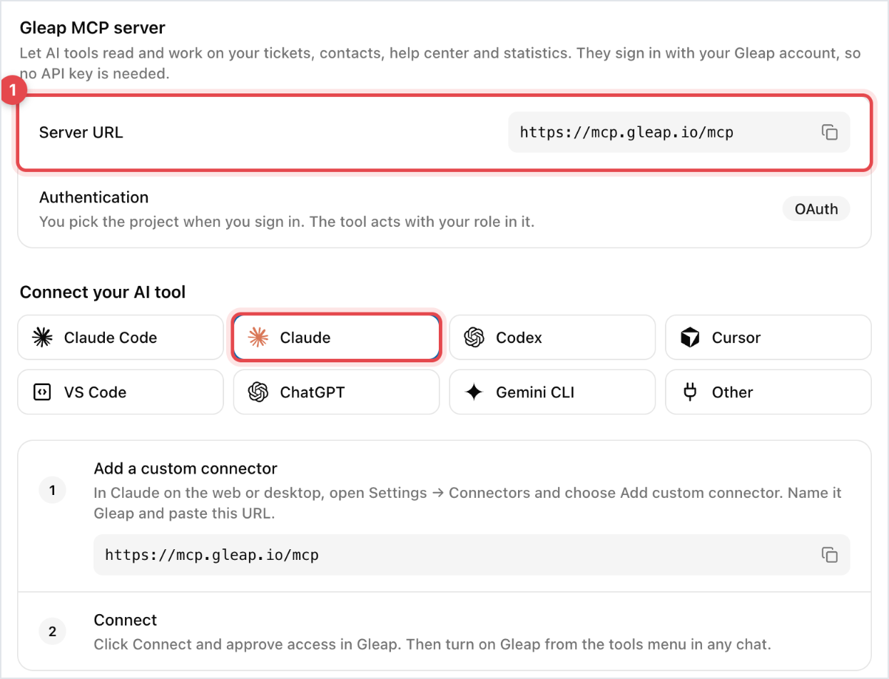 MCP server settings with the Server URL, OAuth authentication and the Connect your AI tool steps