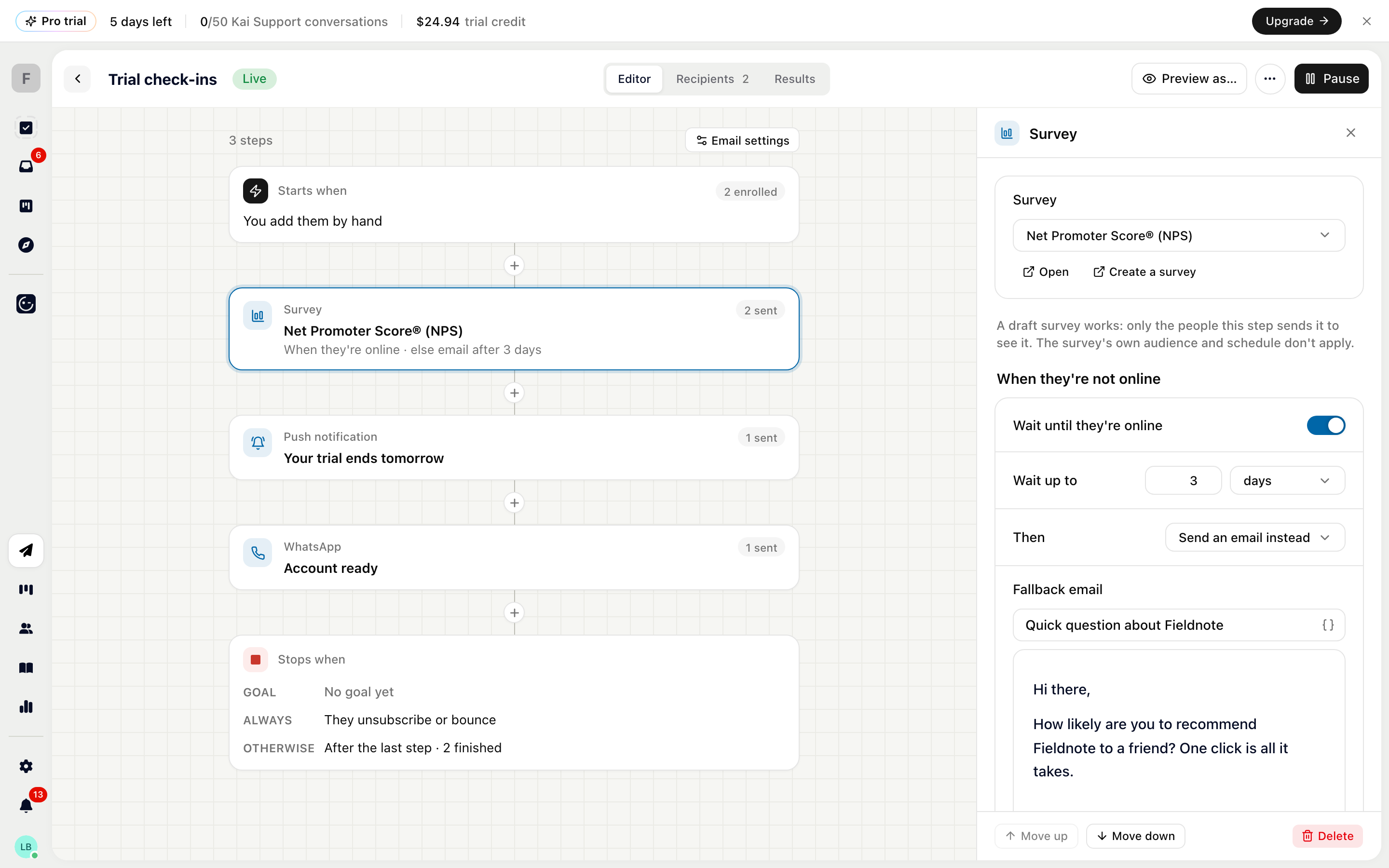 A survey step set to wait up to 3 days for the contact to be online, then send a fallback email
