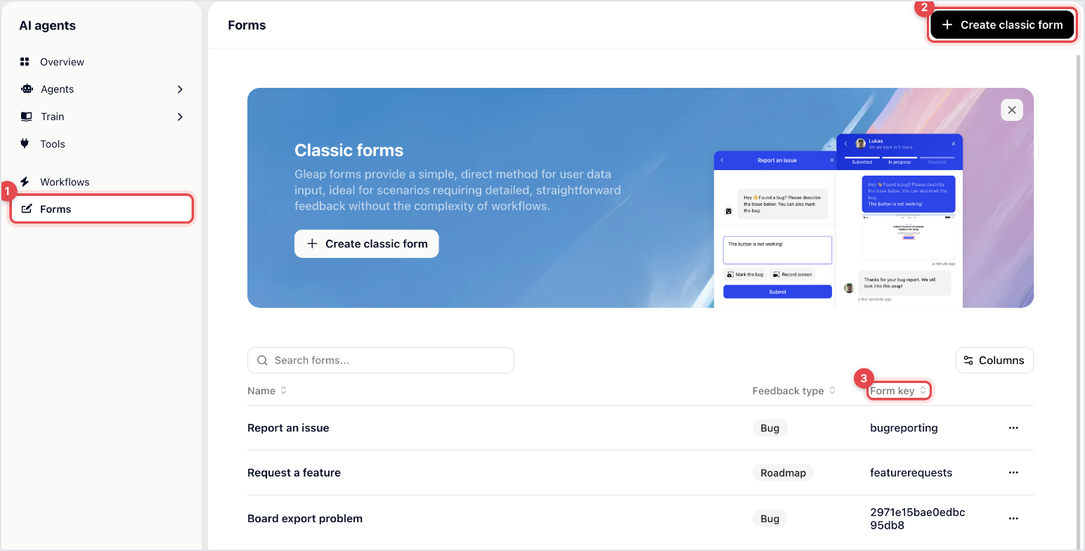 Forms list with the built-in Report an issue and Request a feature forms, a custom Board export problem form and the Create classic form button
