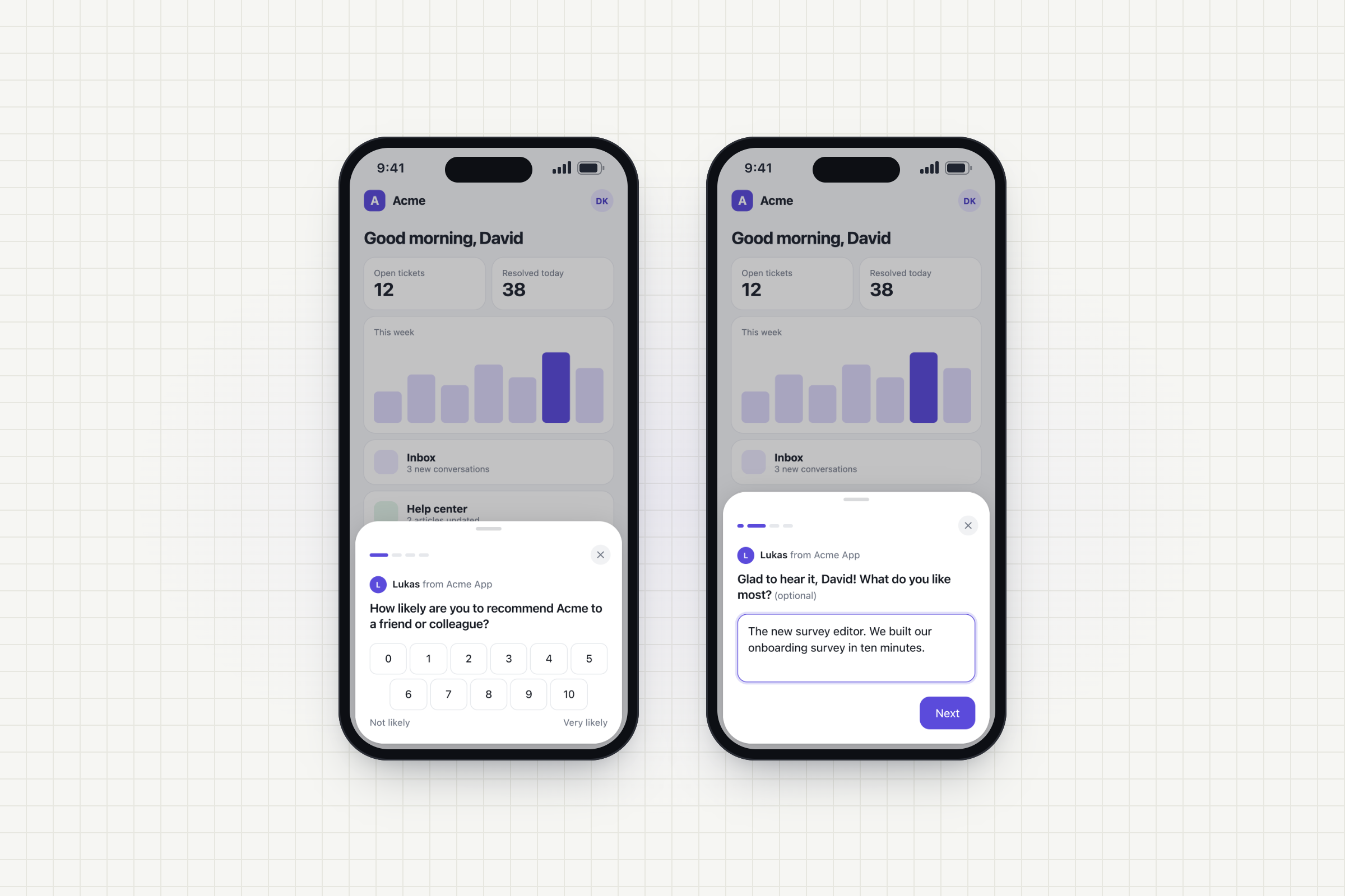 The survey as a bottom sheet in a mobile app, with a personalised follow-up question