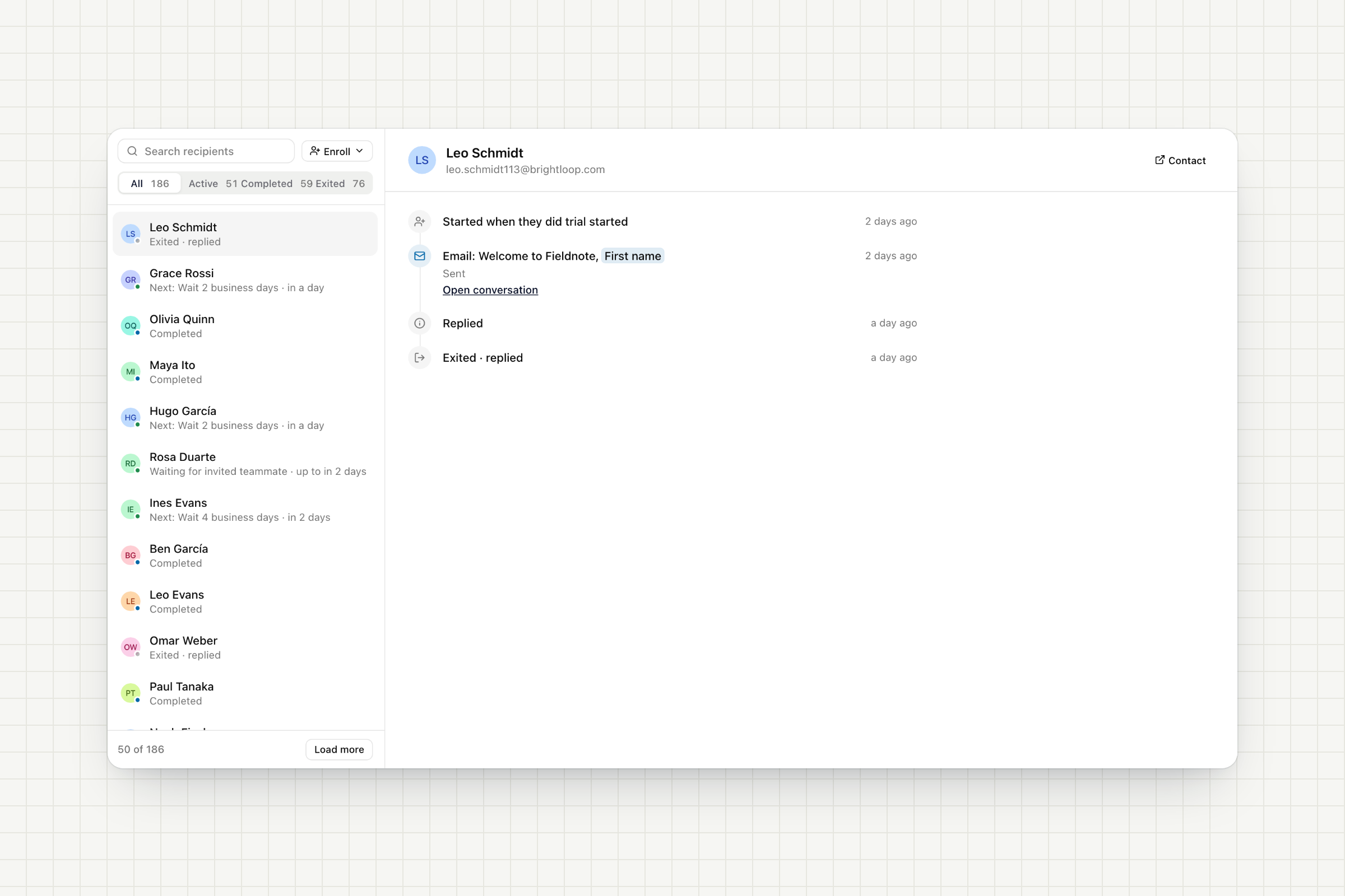 The Recipients tab with each contact's status and one contact's timeline