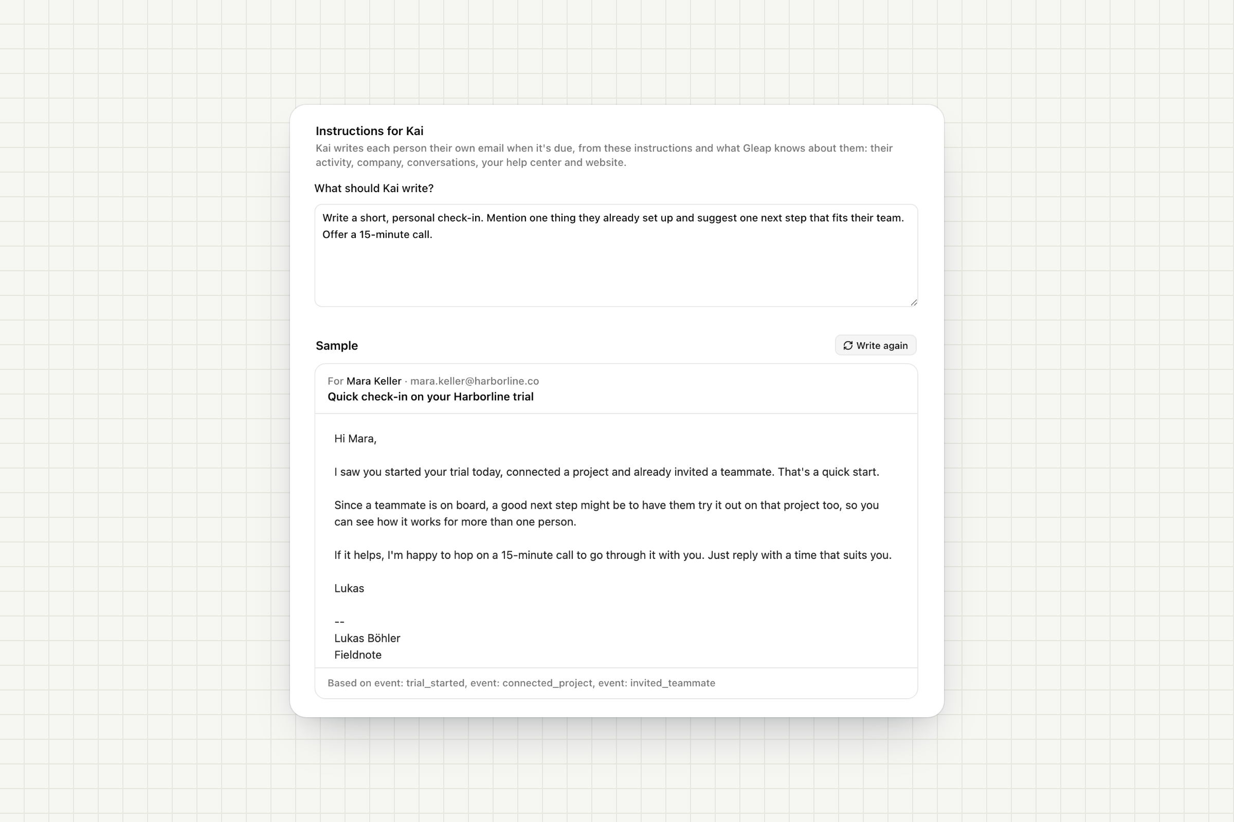 Instructions for Kai and a sample email Kai wrote for one contact, with what it was based on