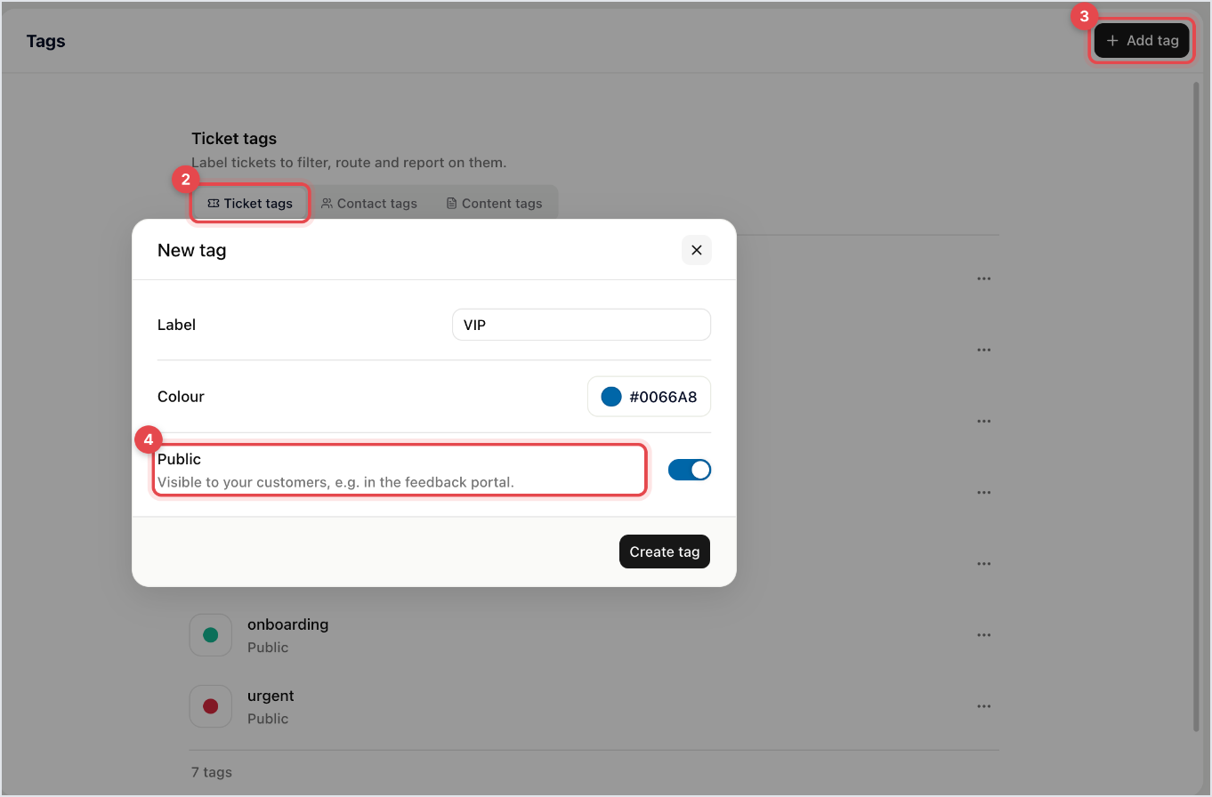 The Tags settings page with the Ticket tags tab open and the New tag dialog for a VIP tag