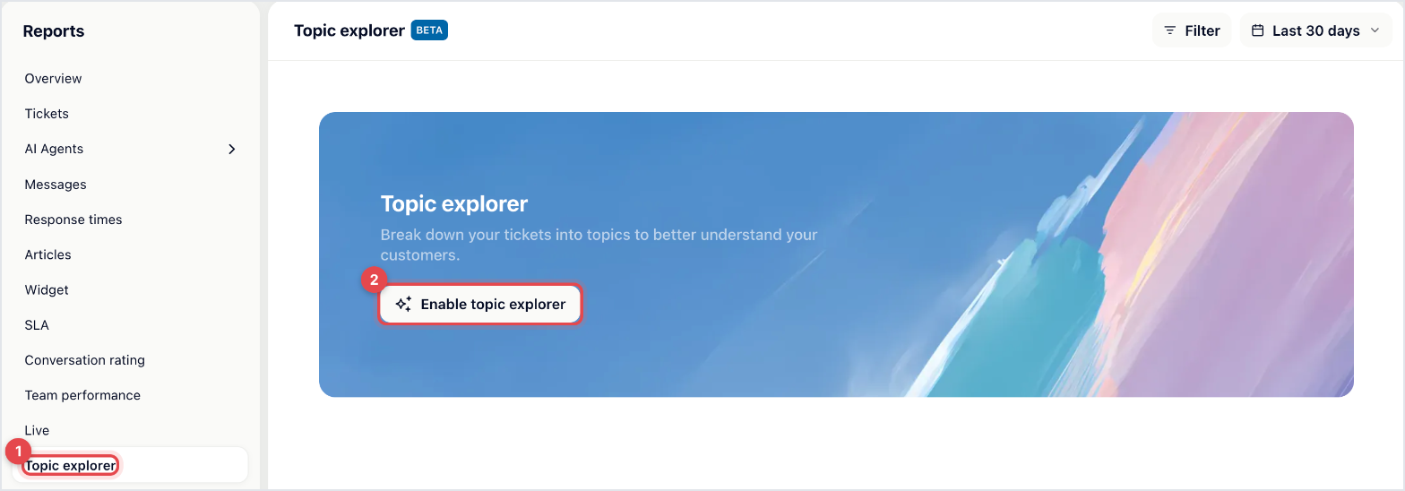 Reports → Topic explorer before it is turned on, with the Enable topic explorer button