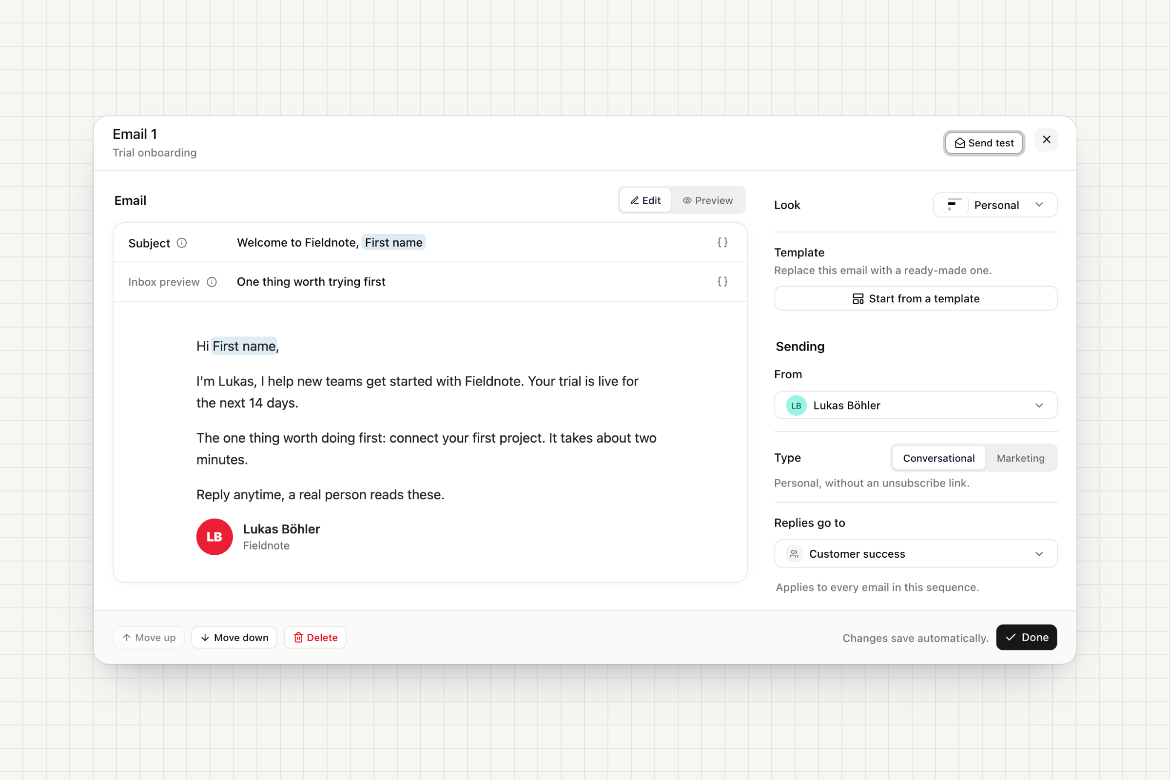 The email composer with the subject, inbox preview, a personal email and the sending settings