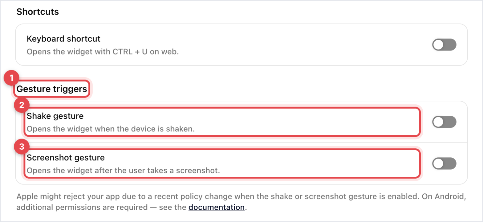 Developer options page with the Shake gesture and Screenshot gesture switches under Gesture triggers