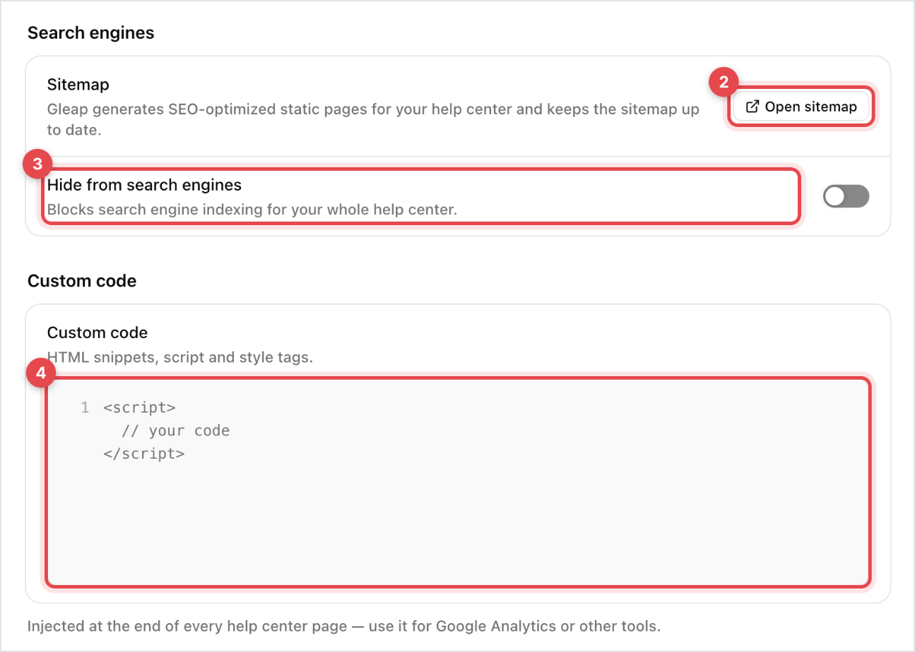The SEO & custom code page with Open sitemap, Hide from search engines and the Custom code editor