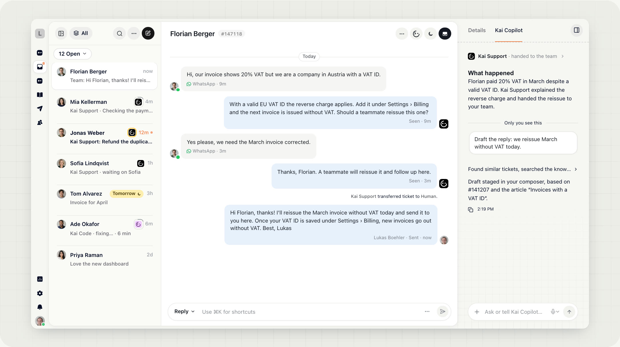 The three-pane inbox: the list, the conversation and Kai Copilot drafting the reply