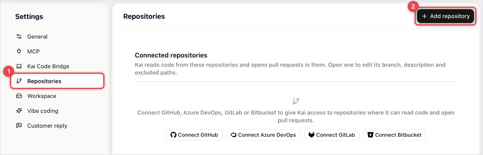 Kai Code settings on Repositories with the Add repository button and the Connect GitHub, Azure DevOps, GitLab and Bitbucket buttons