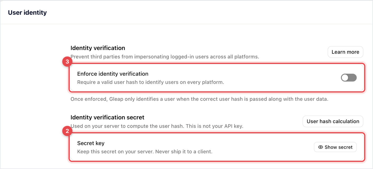 Settings → Security → User identity with the Enforce identity verification switch and the secret key