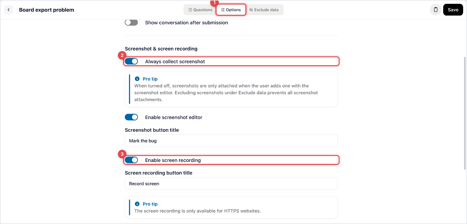 Form editor on the Options tab with the screenshot and screen recording switches