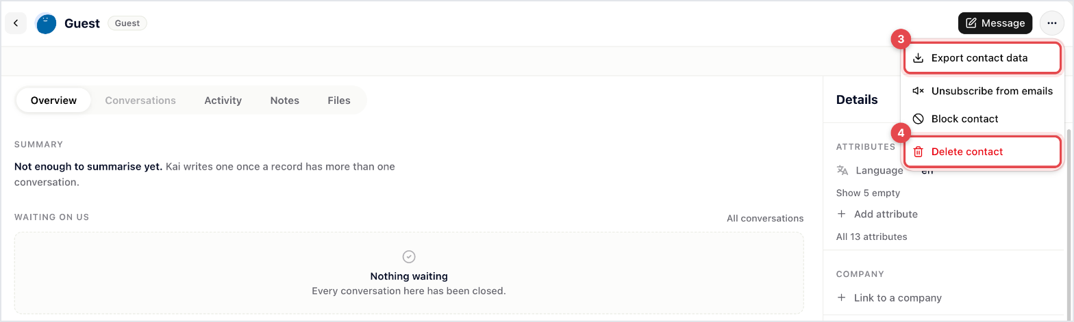Contact page with the actions menu open, showing Export contact data and Delete contact