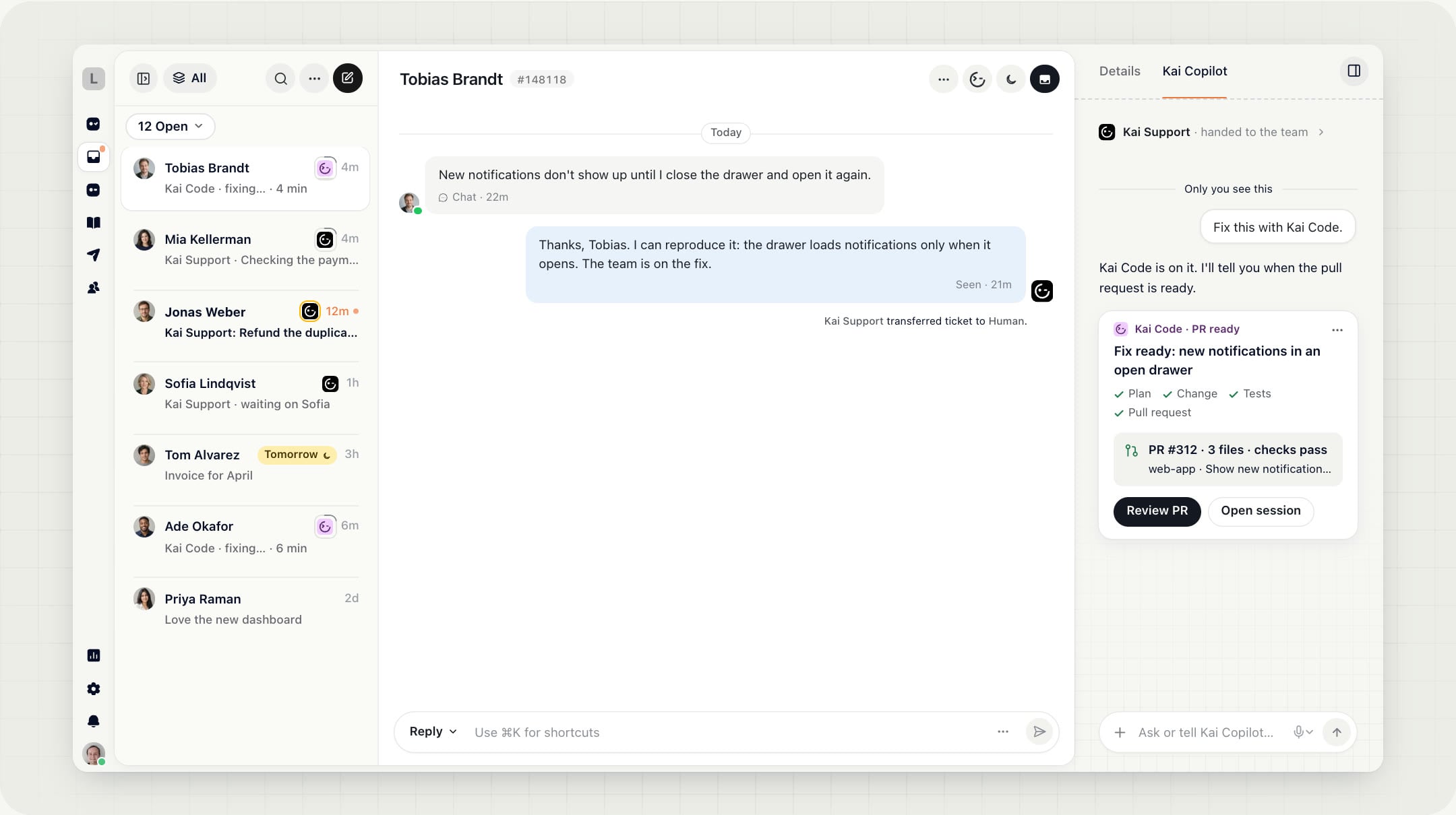 Kai Code's work card in a bug ticket: the pull request is ready with its checks passed
