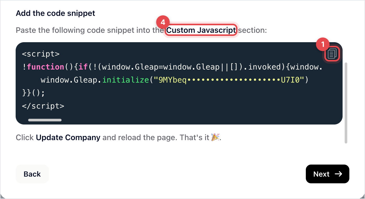 HighLevel install dialog: Add the code snippet with the snippet, its copy button and the Custom Javascript hint