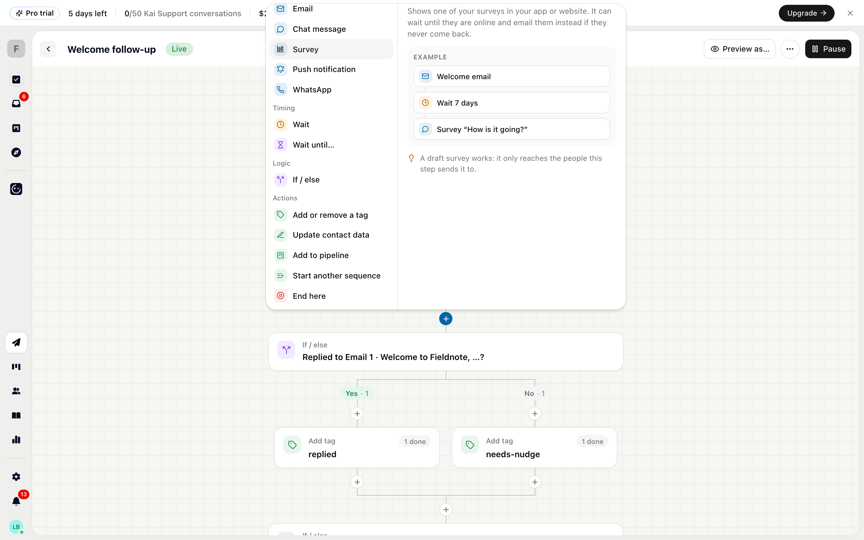The + menu of a sequence: Email, Chat message, Survey, Push notification, WhatsApp, Wait, Wait until, If / else and actions