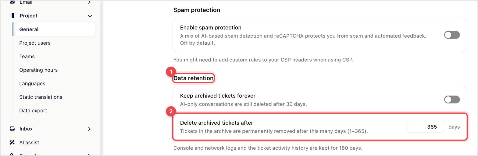 Project General settings scrolled to Data retention with Keep archived tickets forever and Delete archived tickets after