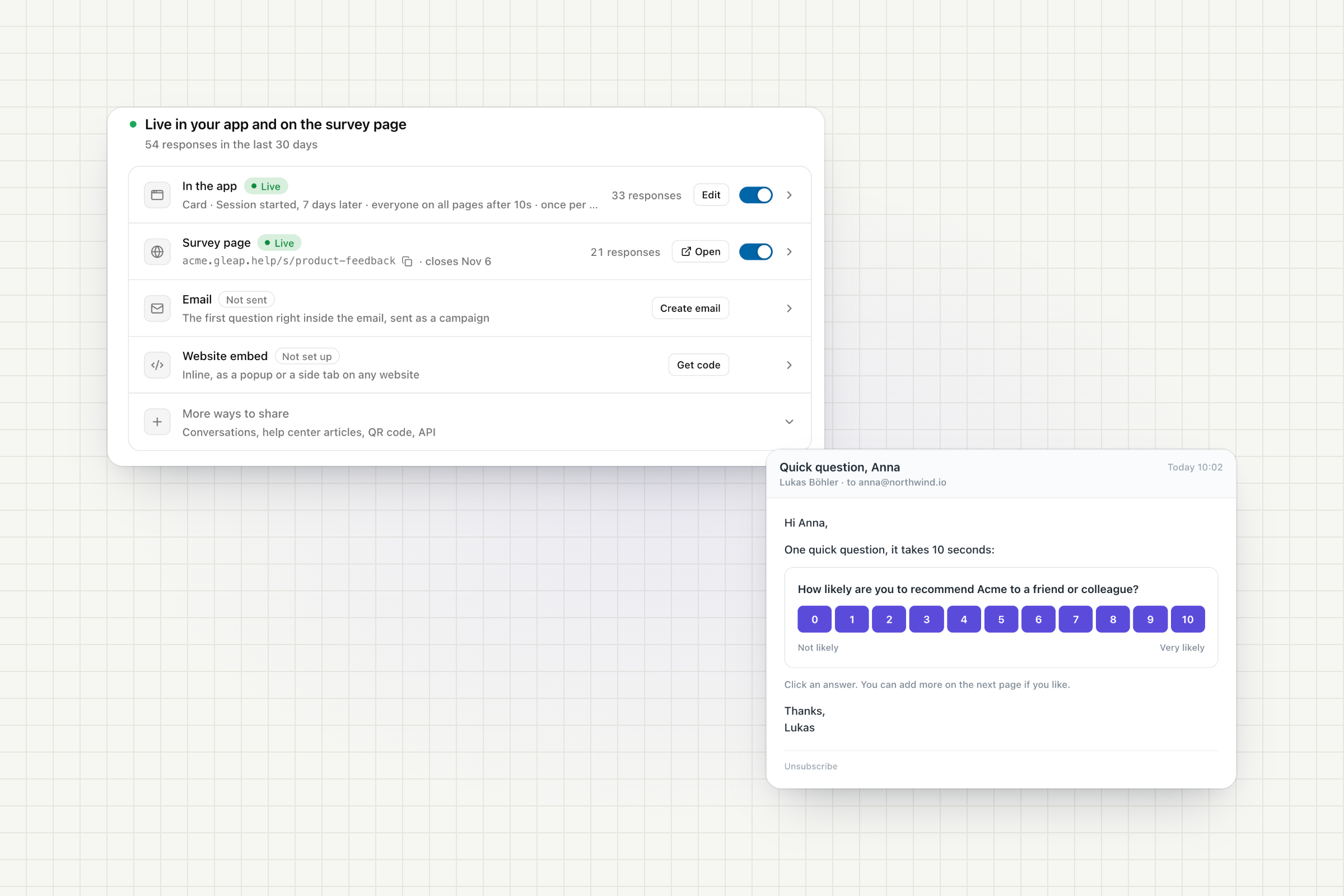 The Share tab with in-app, survey page, email and embed, next to an email with the first question inside