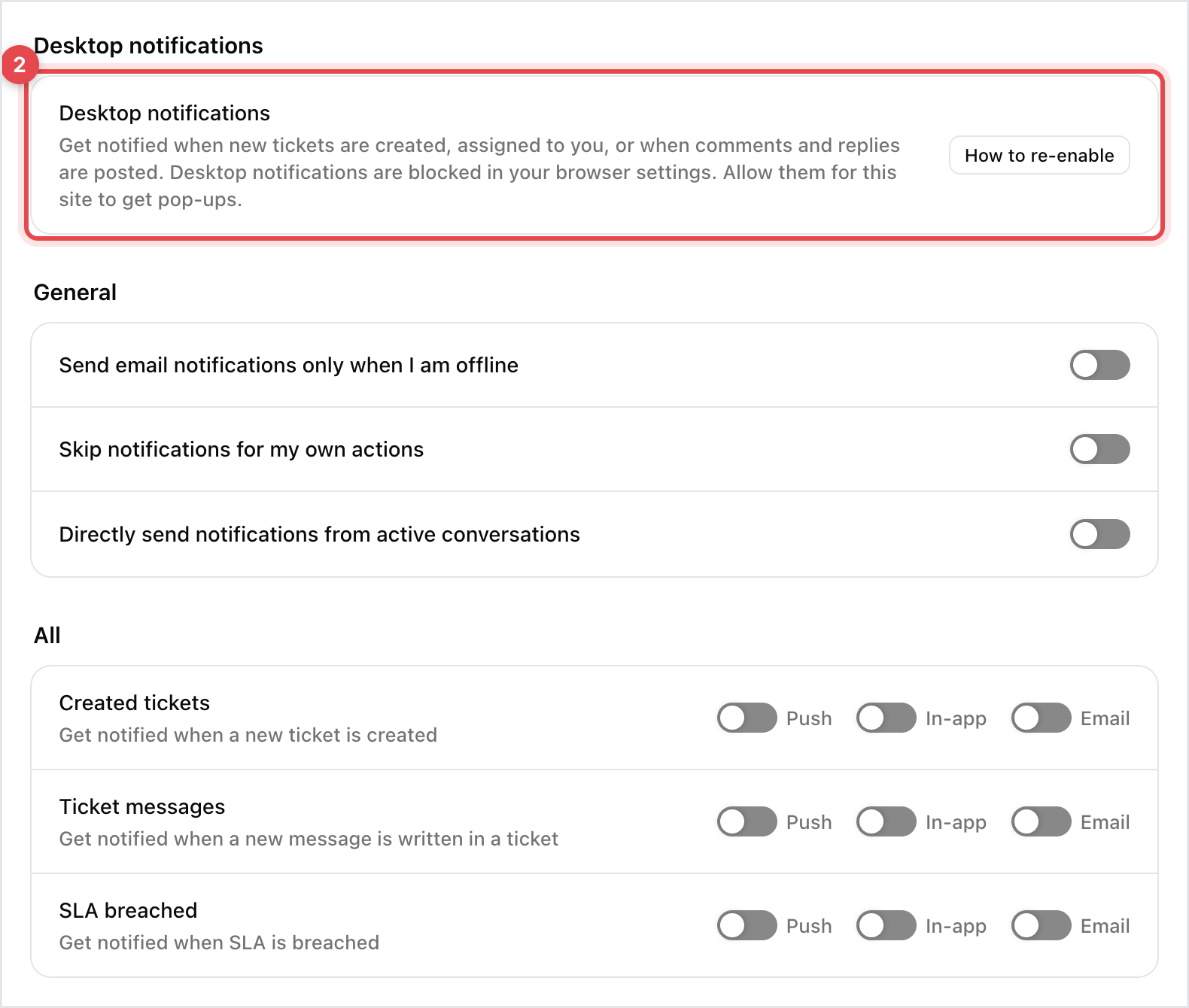 Profile → Notifications: the Desktop notifications card, the General switches and the Push, In-app and Email switches for each event