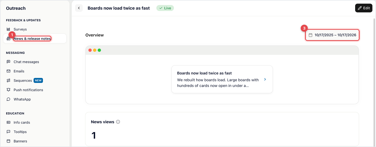 Results of a live news item: the date range at the top, a preview and the News views count