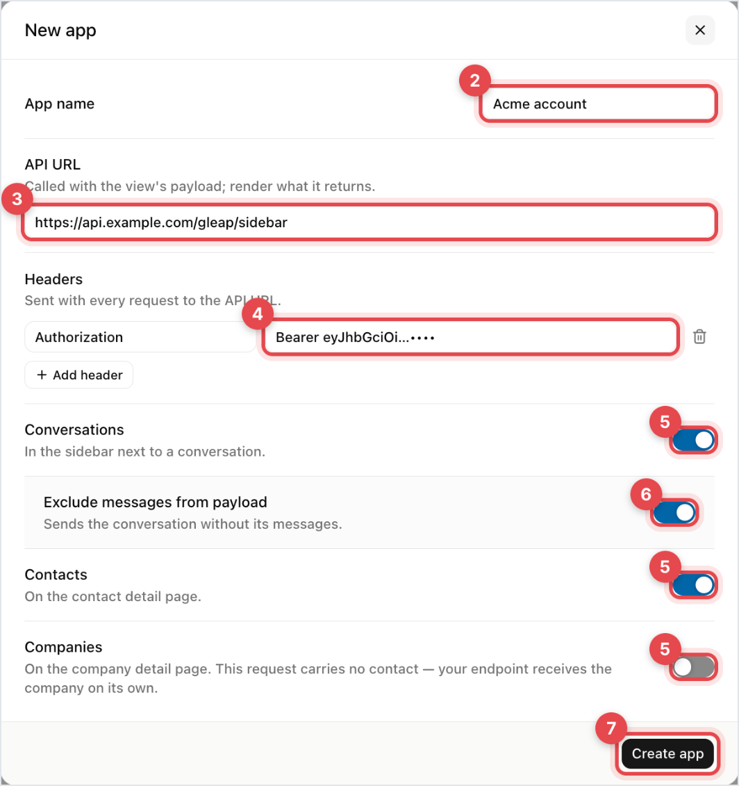 Sidebar app dialog with App name, API URL, Headers, where it shows and Exclude messages from payload