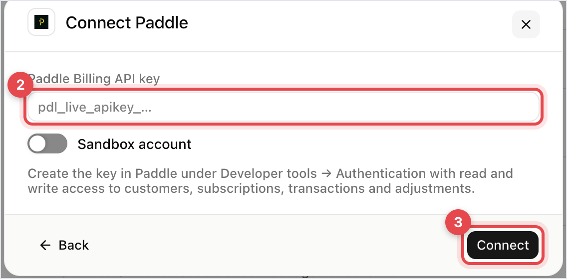 Connect Paddle dialog with the Paddle Billing API key field, the Sandbox account switch and Connect