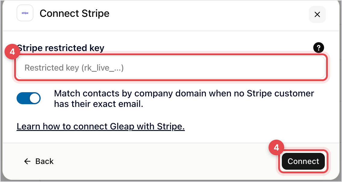 Connect Stripe dialog with the Stripe restricted key field, the Match contacts by company domain switch and Connect