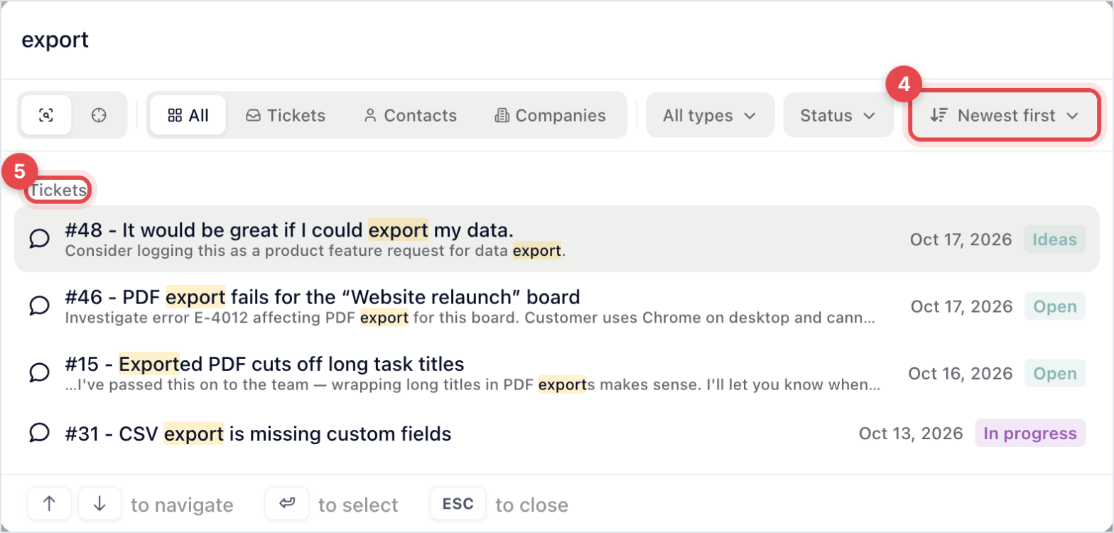 Search window for 'export' with the match, scope, type, status and Newest first sort controls, and the Tickets results group