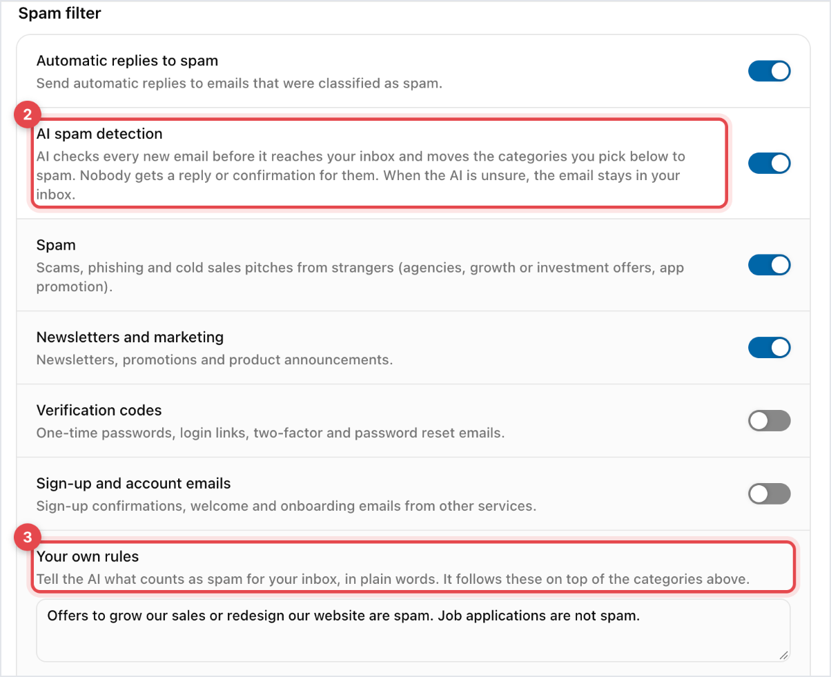 Spam filter settings with AI spam detection on, Spam and Newsletters and marketing switched on and your own rules filled in