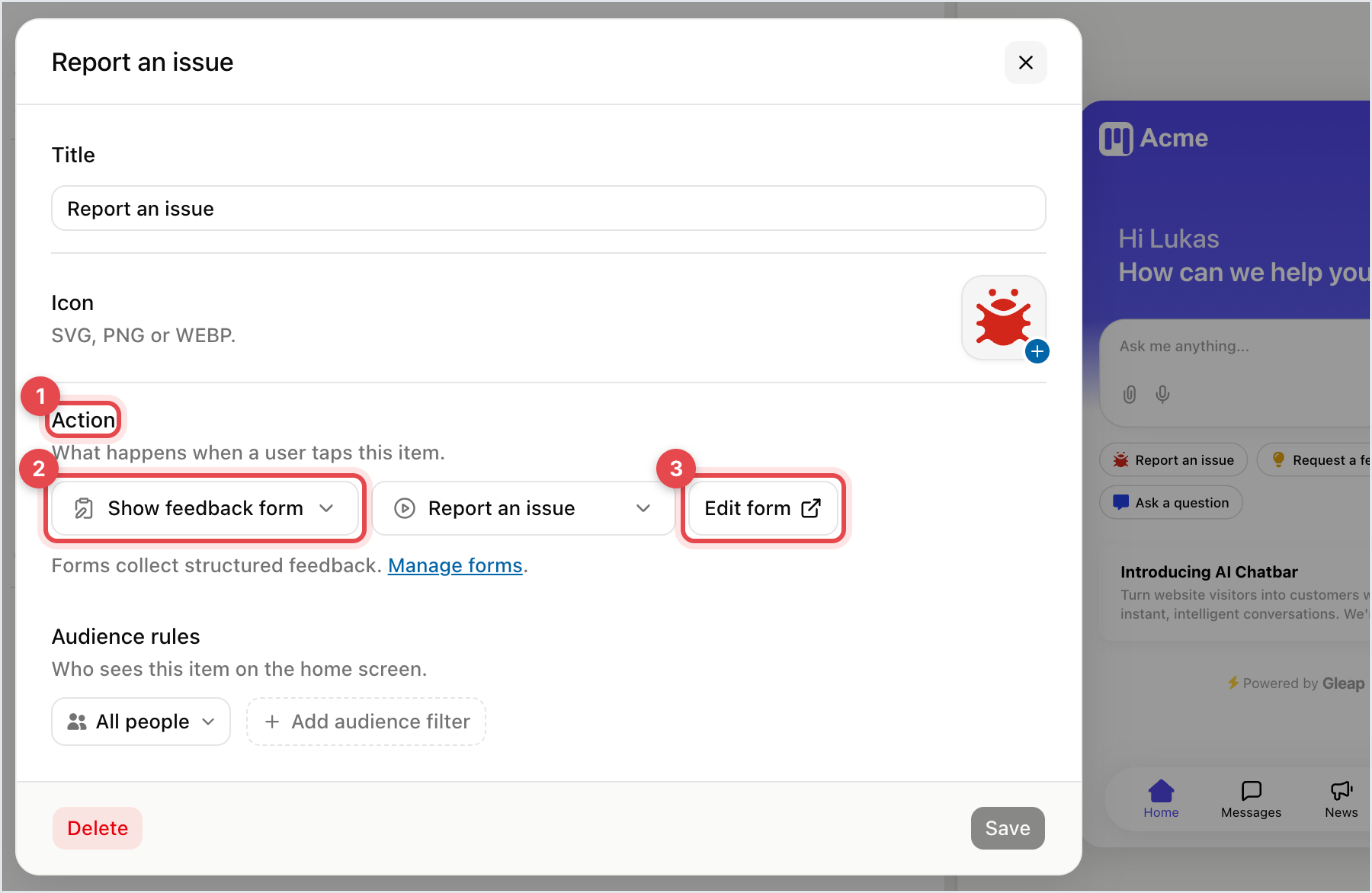 Menu item dialog for Report an issue with Action set to Show feedback form