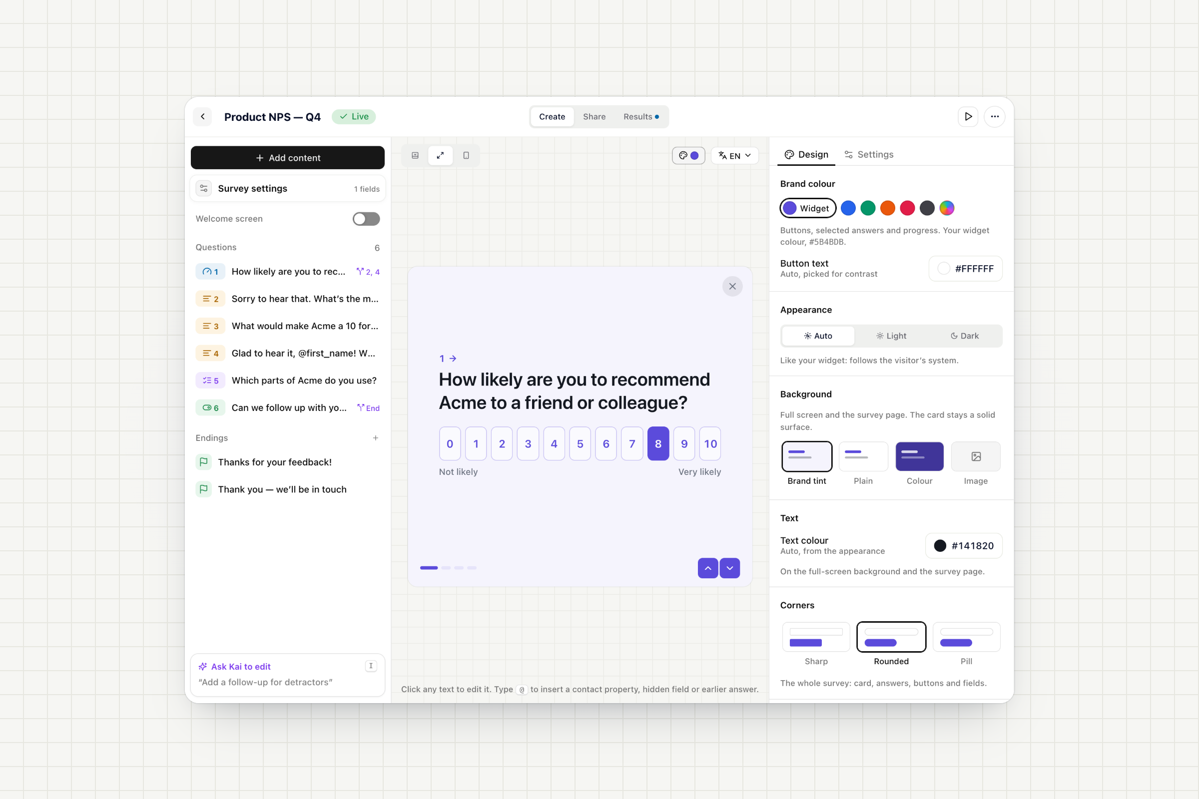 The new survey editor with the outline, a full-screen preview and the Design panel