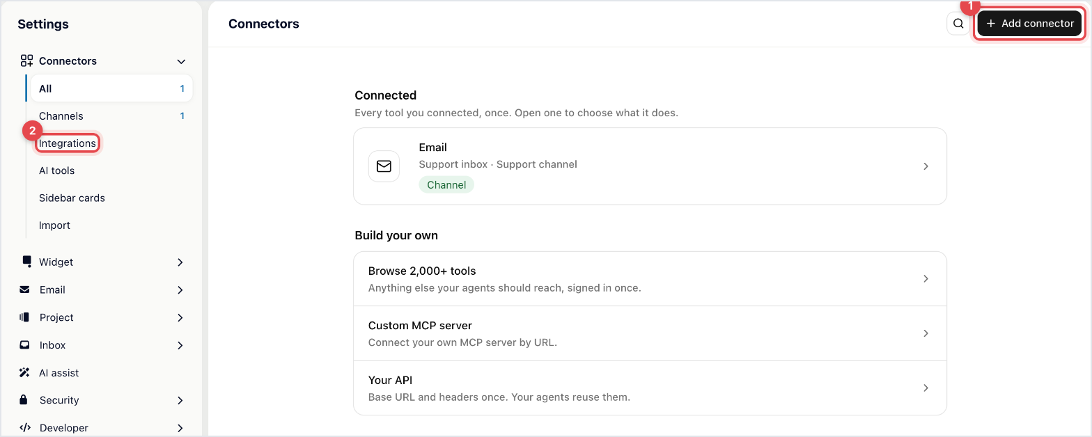 Settings → Connectors with the job filters in the sidebar, the Connected list (Email, Channel chip) and the Add connector button