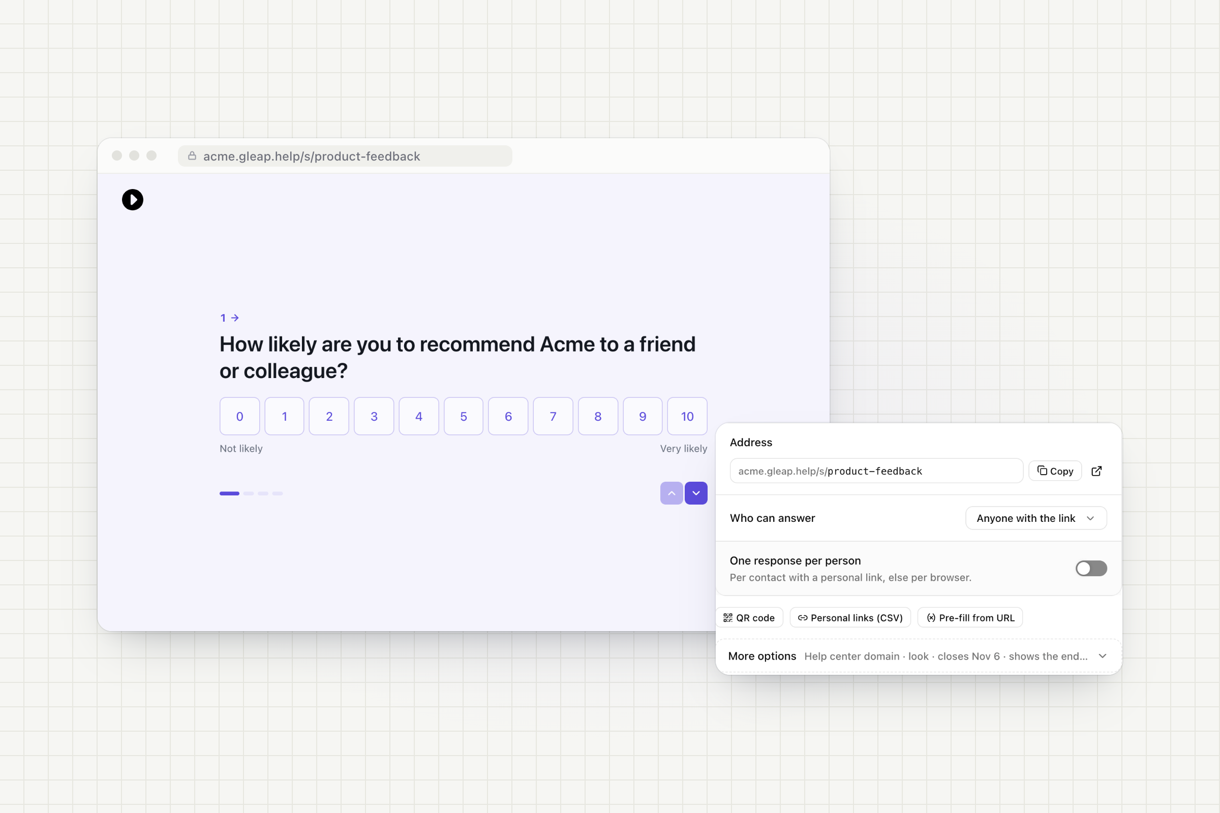 A survey page on the help center domain with its sharing settings