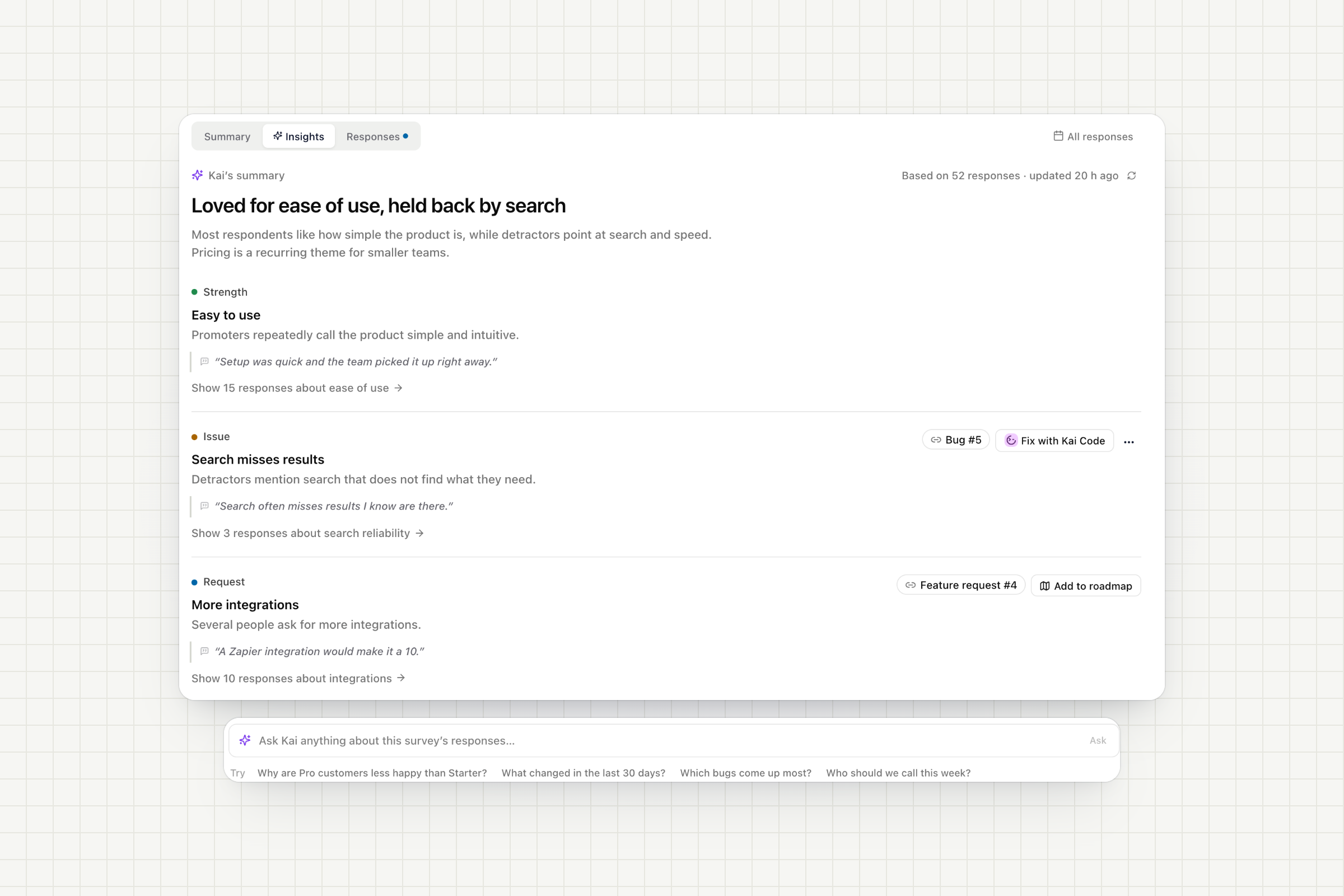 Kai's summary with themes, a linked bug, Fix with Kai Code, Add to roadmap and Ask Kai