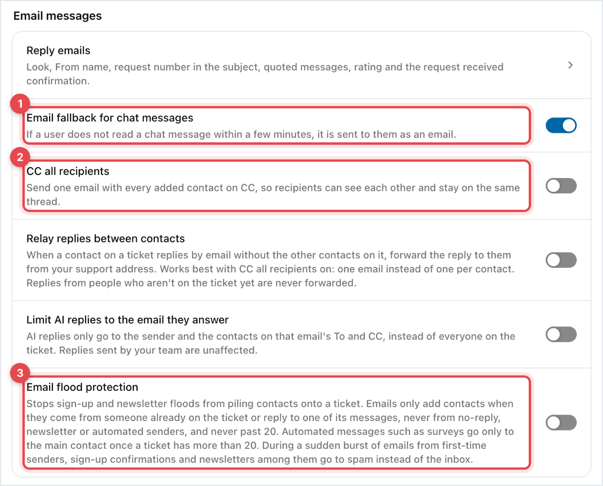 The Other settings page with the Email messages switches