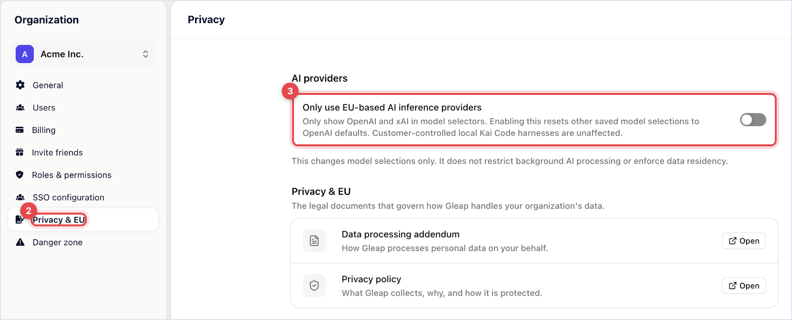 Privacy page with the AI providers section and the EU-based AI inference providers switch