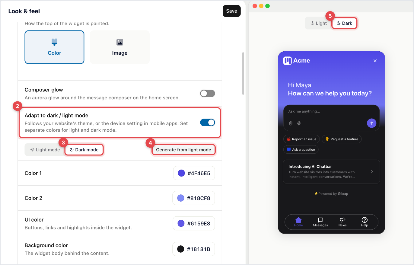 Look & feel with Adapt to dark / light mode on and the Dark mode tab selected