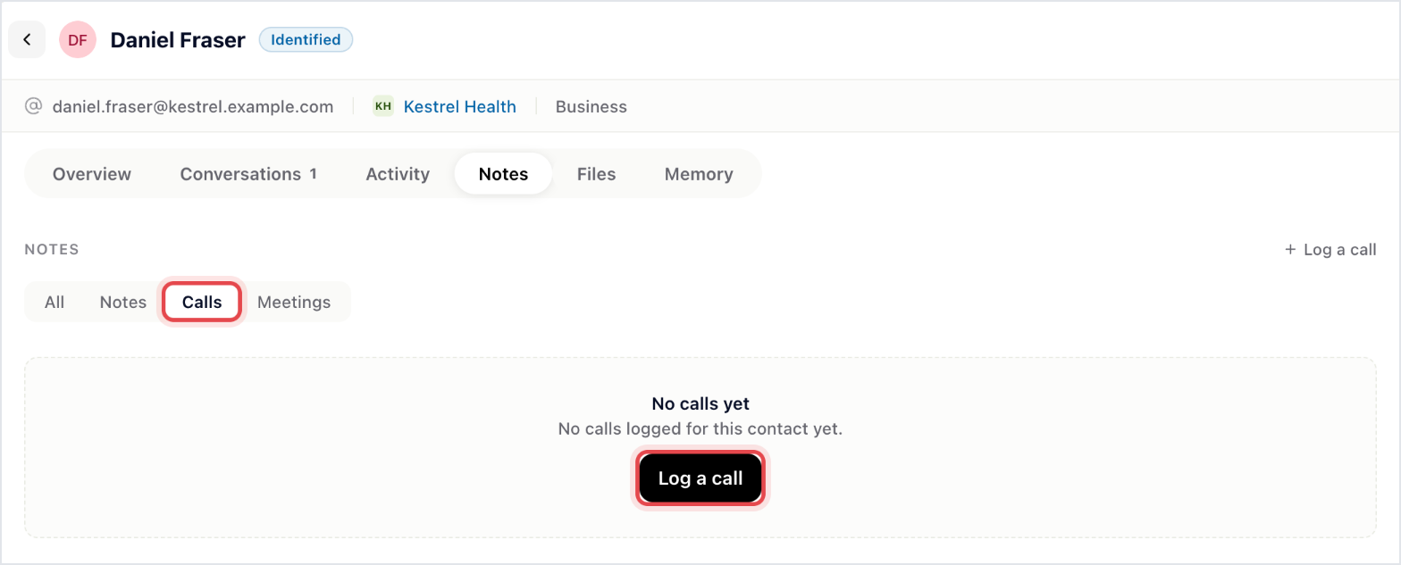Contact Notes tab with the Calls filter selected and the Log a call button