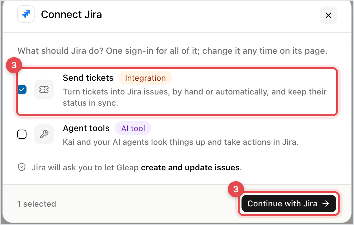 Connect Jira dialog: Send tickets ticked, Agent tools unticked, and the Continue with Jira button