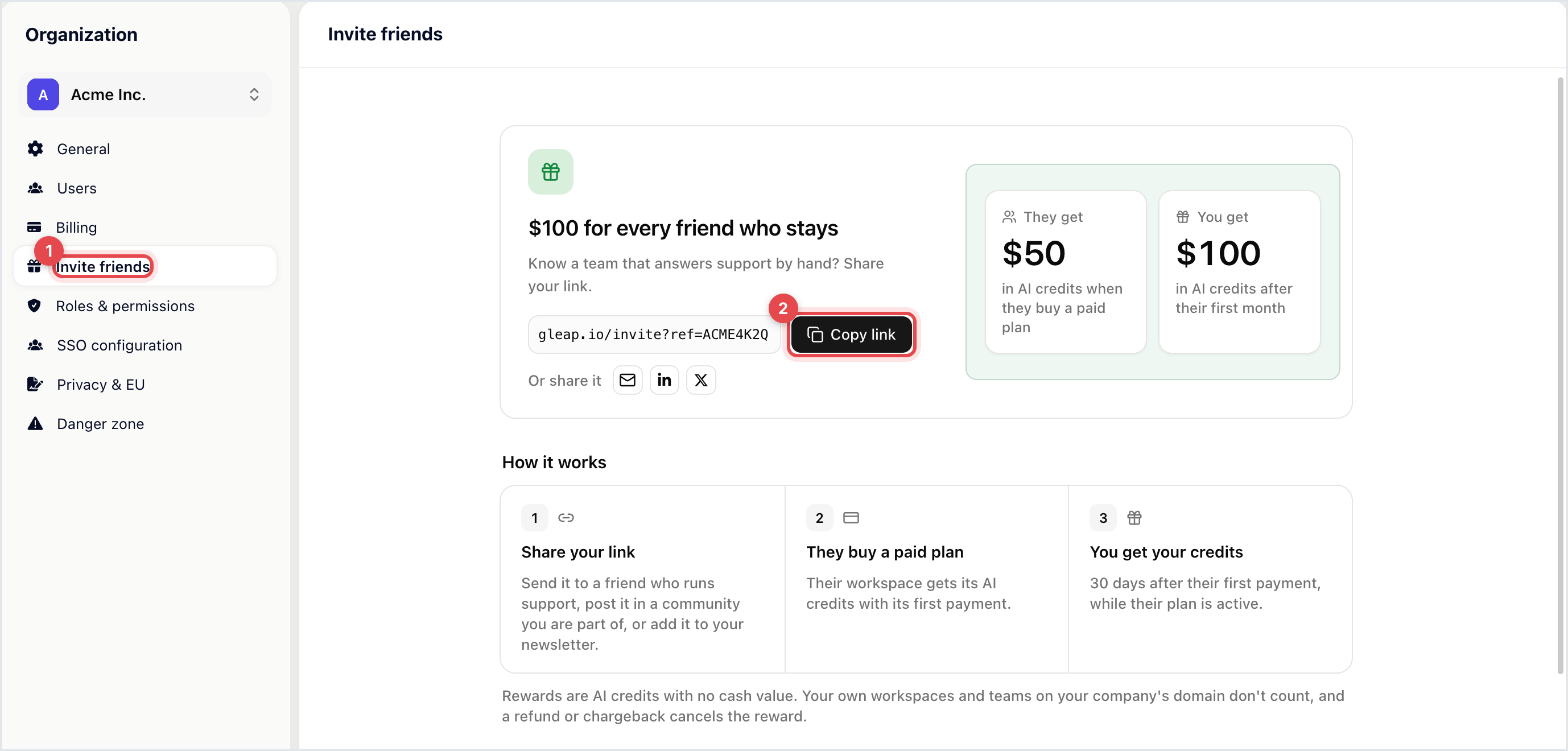 Invite friends page with the referral link, Copy link, the two reward tiles and How it works
