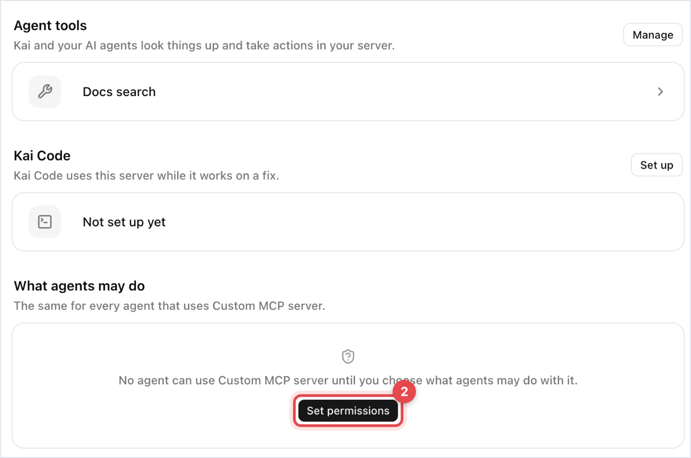 A connection page before permissions are set: What agents may do says no agent can use the app yet, with the Set permissions button
