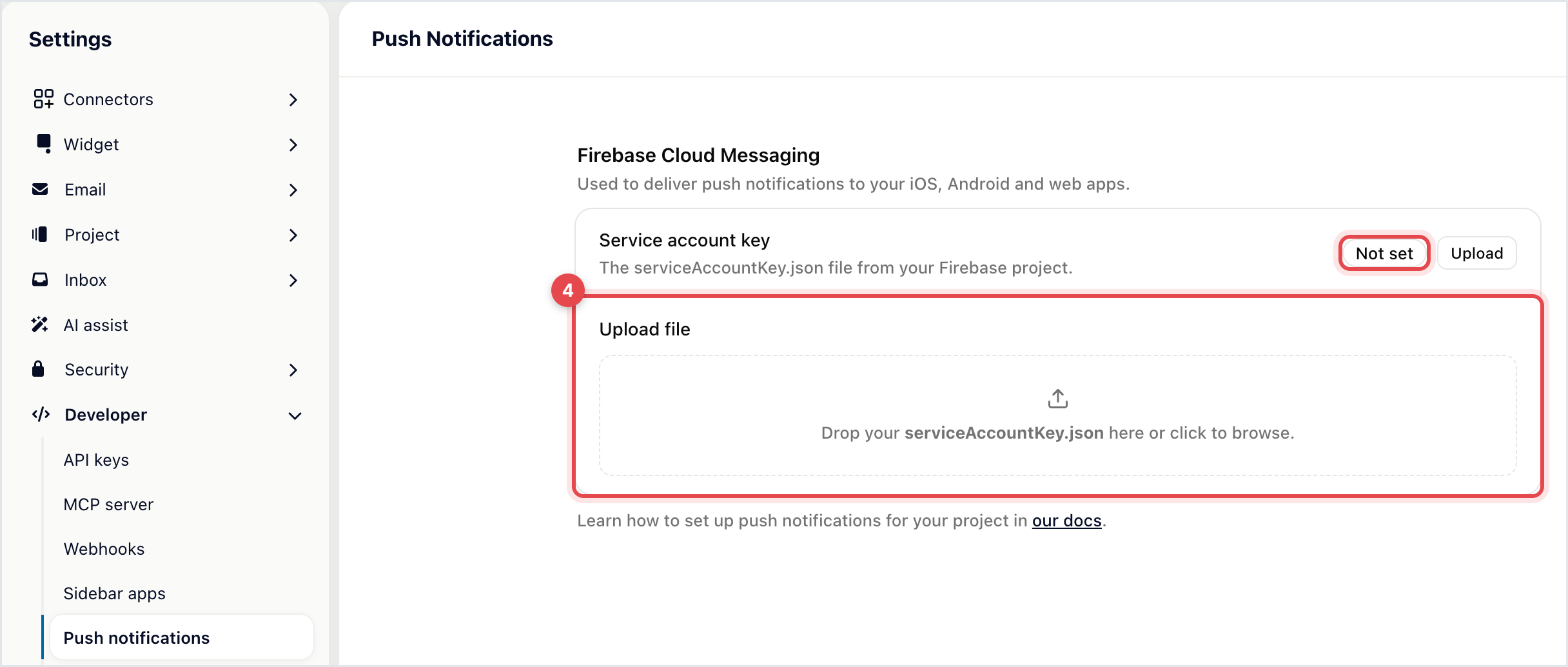 Push Notifications settings before upload: Service account key Not set, with the Upload file drop zone