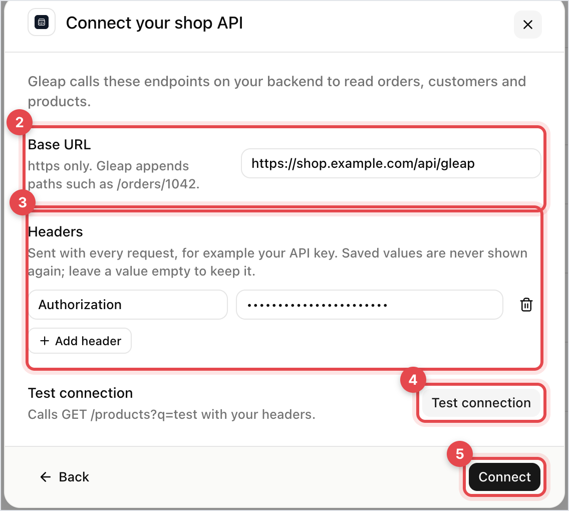 Your shop API form with Base URL, Headers and Test connection
