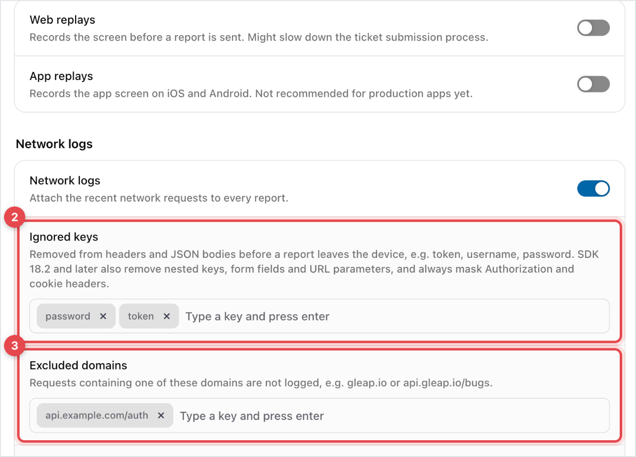 Developer options with the Network logs section, Ignored keys and Excluded domains