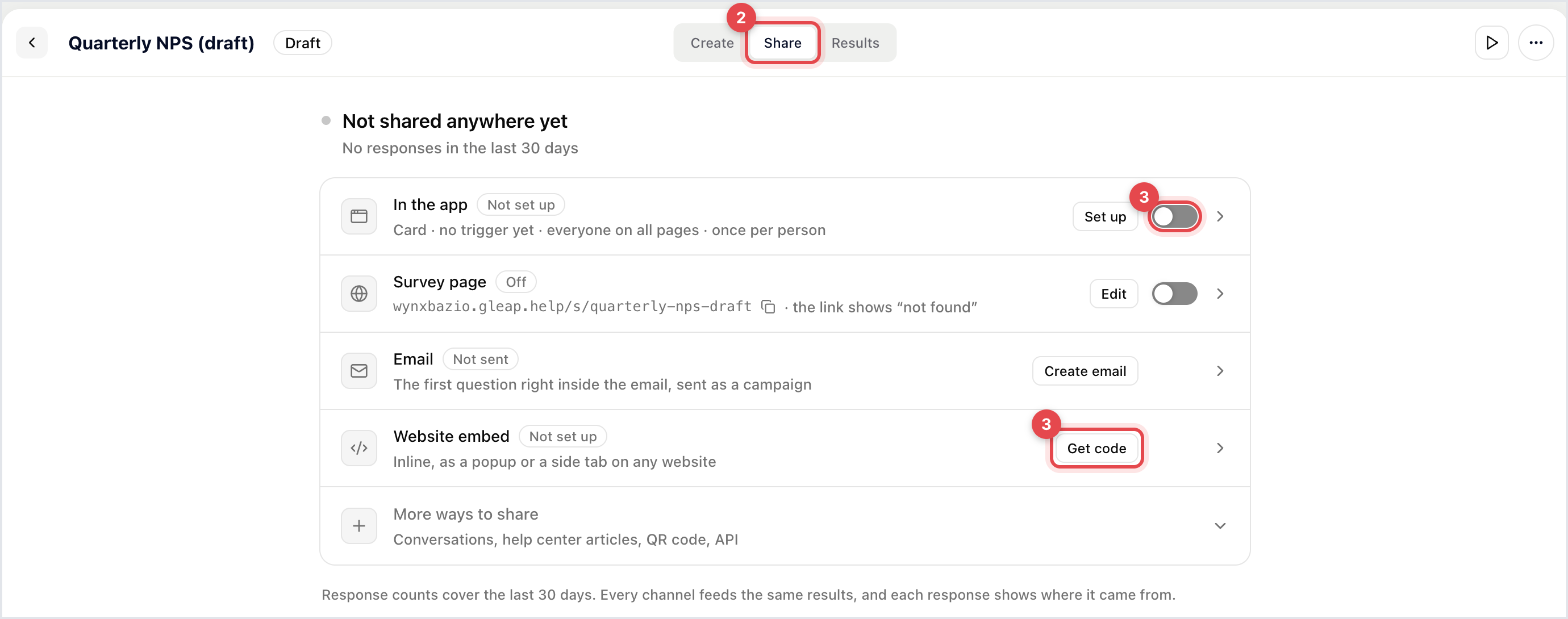 The Share tab of a survey listing In the app, Survey page, Email, Website embed and More ways to share