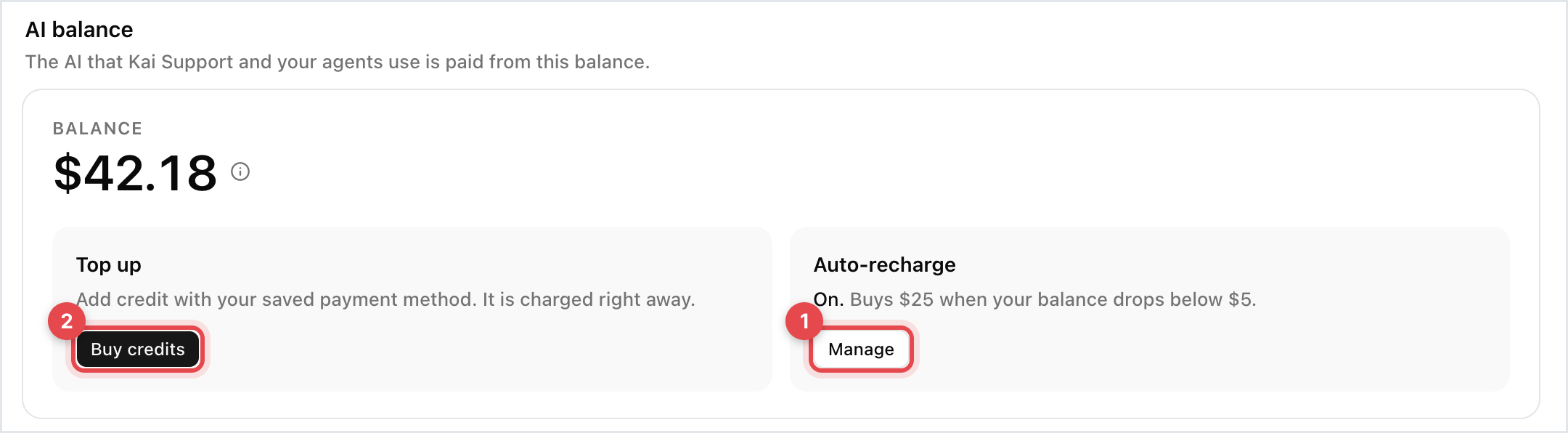 AI balance on the Billing page with Balance, Top up and Auto-recharge