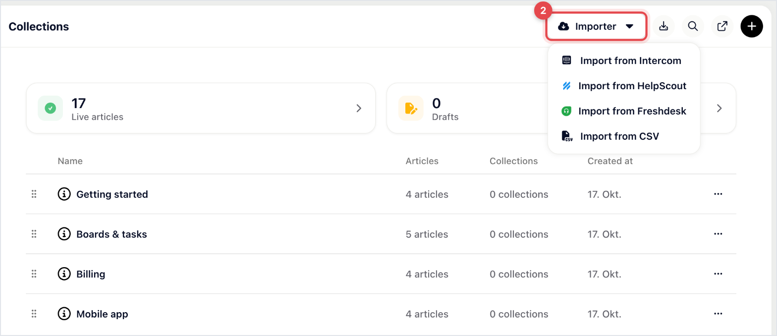 Help center with the Importer menu open, listing Intercom, HelpScout, Freshdesk and CSV