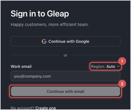 Gleap sign-in page with Continue with Google, the Work email field, the Region choice and Continue with email